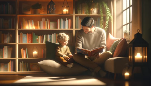A father reading to his son to assist with early learning